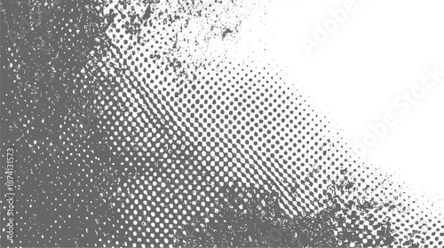 Halftone dot pattern overlay on a distressed grunge background with a gradient effect transitioning from dark gray to white