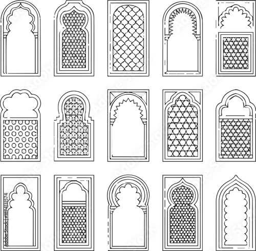 Isolated a kinds of deferent Muslim window line shape collection. Arabic, islam architecture outline frame. Traditional, oriental design. vector art with white background.