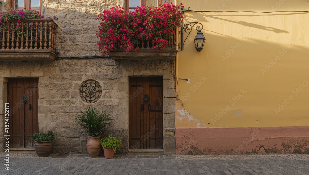 Fototapeta premium Narrow alley in an old city district with historic stone buildings and floral balcony, suited for heritage preservation projects, Earth Day