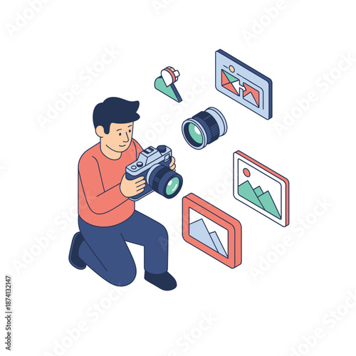 Photographer Kneeling with Camera and Photography Equipment.