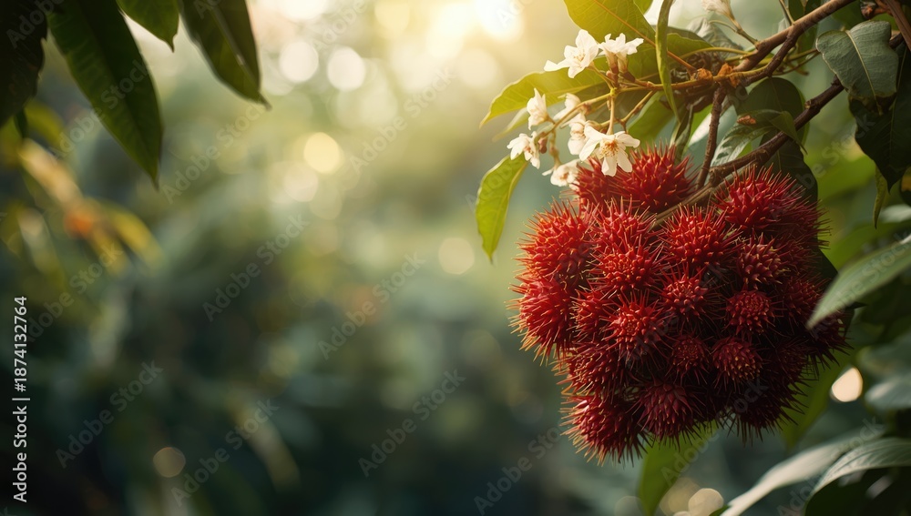 Naklejka premium Achiote plant bearing spiny red fruits, highlighting its role in indigenous culinary traditions in Brazil