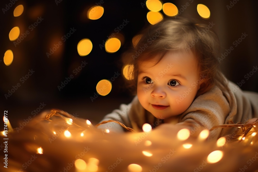 Fototapeta premium Content baby lying on belly, curiously looking at warm fairy lights with bokeh