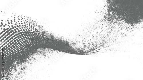 Abstract monochrome with a swirling wave of halftone dots transitioning into a textured grainy spray effect