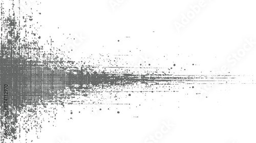 Monochrome abstract background with a dense cluster of dots and lines on the left fading into a sparse speckled texture