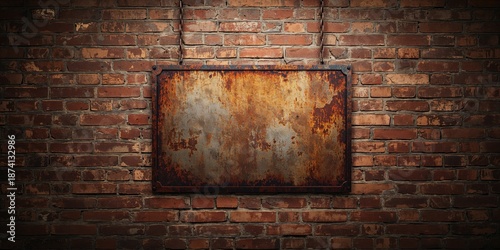 Rusty iron plate hanging on weathered brick wall, serving as a background for signage in urban design, decay risk awareness