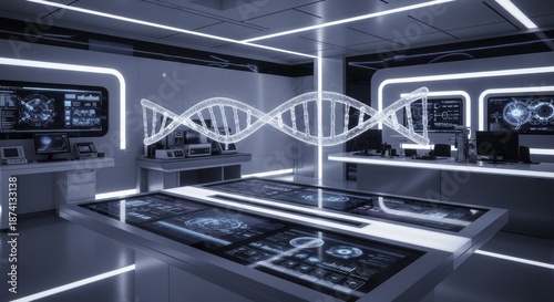 Futuristic High-Tech Science Laboratory with Glowing DNA Double Helix Hologram and Advanced Research Workstations