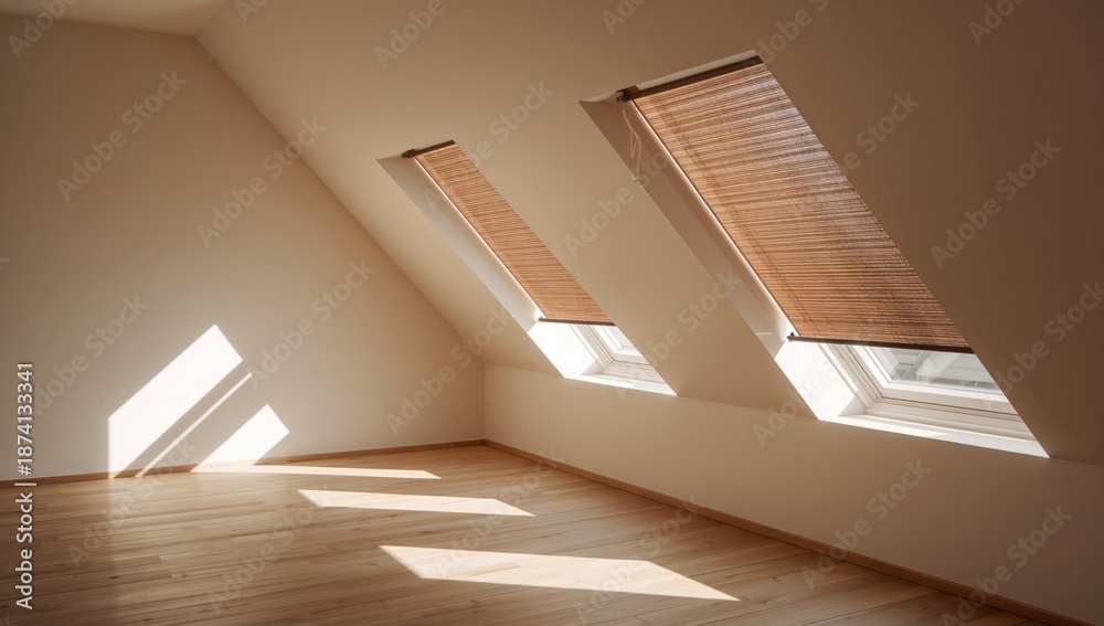 Obraz premium Roof interior featuring brown roller shades, emphasizing window covering functionality, natural daylight
