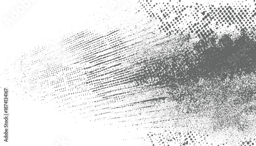 Abstract grayscale with a concentrated burst of textured dots and lines radiating outwards on a white background