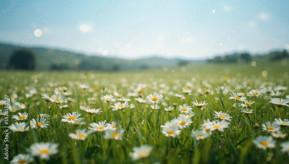 Fototapeta premium Daisy-filled meadow in spring with grass and flowers, suitable for nature-themed layouts, Earth Day