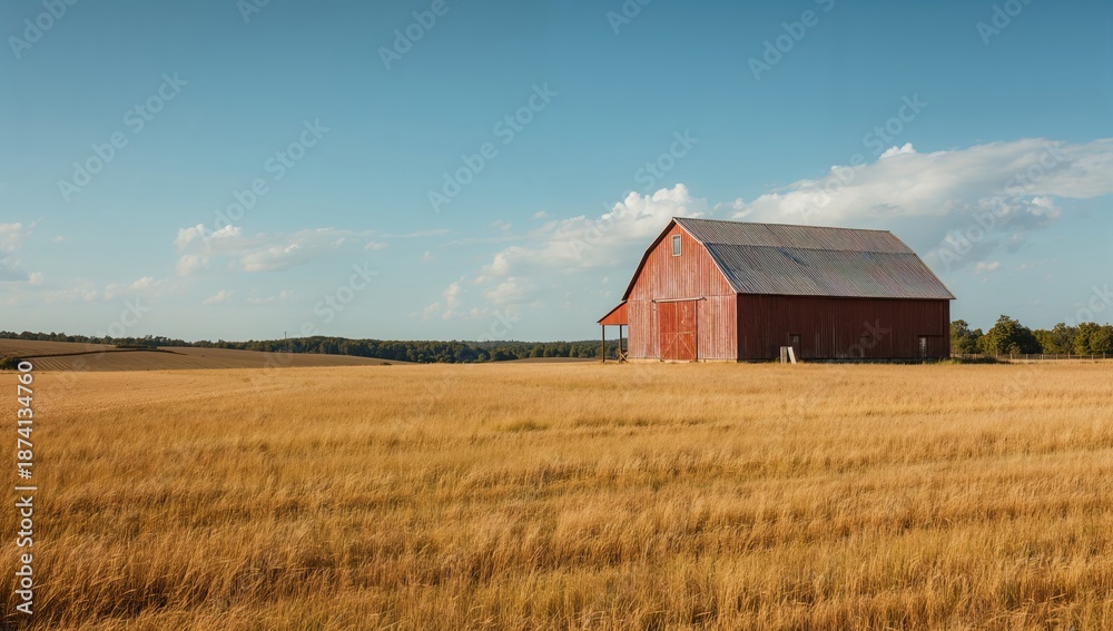 Obraz premium Rustic red barn in expansive farmland near Highway 49 in California's Gold Country, ideal for rural setting backgrounds