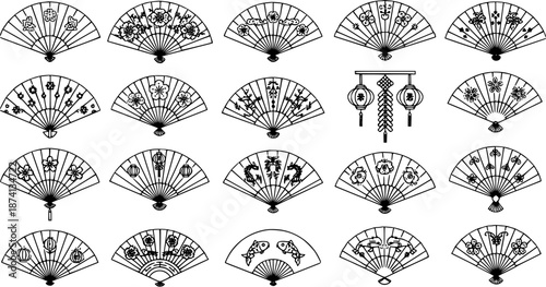 Set of diverse traditional Asian hand fans with cultural and nature patterns