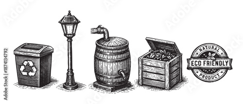 A vintage black and white illustration features a collection of five icons: a recycling bin, a street lamp, a wooden barrel, a wooden crate, and an eco friendly stamp, perfect for environmental themes