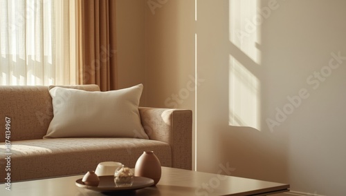 Pillow on sofa as a soft furnishing accessory in living room setup, suitable for furniture styling