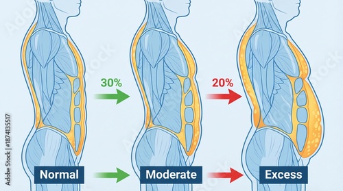 Visceral fat comparison illustration Depicting normal, moderate, and excessive fat levels in the human torso, showing internal organ impact and health implication