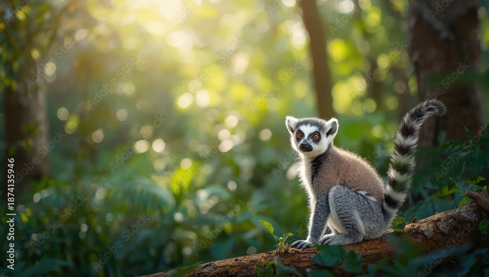 Fototapeta premium Close-up of a ring-tailed lemur, focusing on natural habitat and species identification, International Primate Awareness Week
