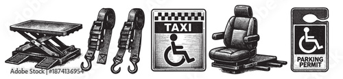 A black and white illustration showcases essential items for accessible transportation and parking, including a lift platform, tie-down straps, taxi sign, transfer seat, and parking permit badge.