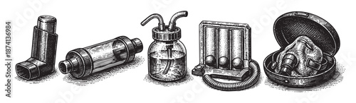 A collection of vintage medical devices rendered in a detailed engraving style on a white background, showcasing respiratory and nebulizer equipment for health and wellness themes.