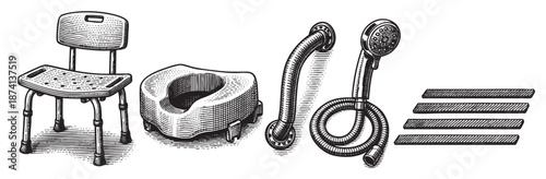 A vintage woodcut style illustration displays essential medical aids for bathing and personal care, including a shower chair, commode, and grab bar, representing independence and comfort.