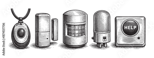 A retro, black and white illustration depicts a collection of personal safety and medical alert devices, including a pendant, sensor, and alert button, arranged in a row.