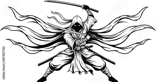 Ninja warrior illustration with sword dynamic pose fantasy samurai character line art black and white vector design action concept