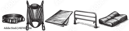 Engraved illustrations of vintage medical equipment including a restraint collar, stretcher, folded blanket, bed rail, and pillow on a white background, suitable for historical or medical themes.