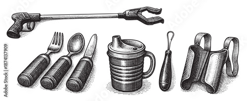 Vintage illustration showcases a collection of adaptive eating utensils and grabbers, including a reacher, fork, spoon, knife, sippy cup, and straps, depicted in a black and white etch style.