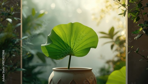 Lotus leaf placed on a pot surface serving as a backdrop for editorial headers or informational displays, highlighting botanical textures