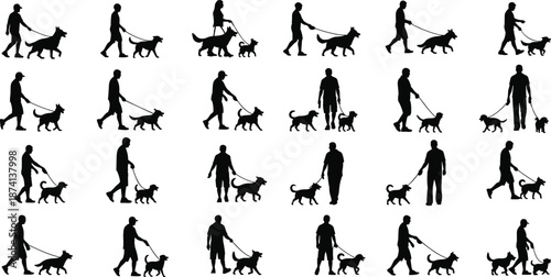 People walking dogs silhouette collection showing pet owners strolling with leashed dogs isolated black vector illustration lifestyle activity