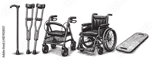 A black and white woodcut style illustration of various mobility aids including a cane, crutches, a walker, a wheelchair, and a transfer board against a white background.