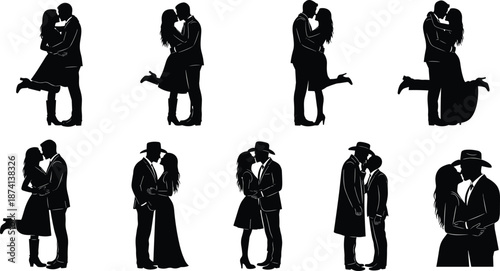Romantic couple silhouette set showing love kiss hug wedding poses isolated black vector illustration relationship passion concept