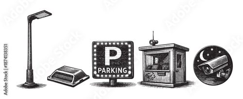 A black and white woodcut-style illustration depicts essential parking lot security elements including a street light, parking sign, attendant booth, and security camera under the night sky.