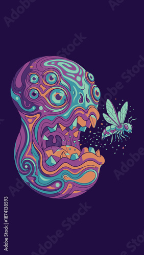 Psychedelic Alien Creature Devouring a Tiny Insect with Many Eyes.