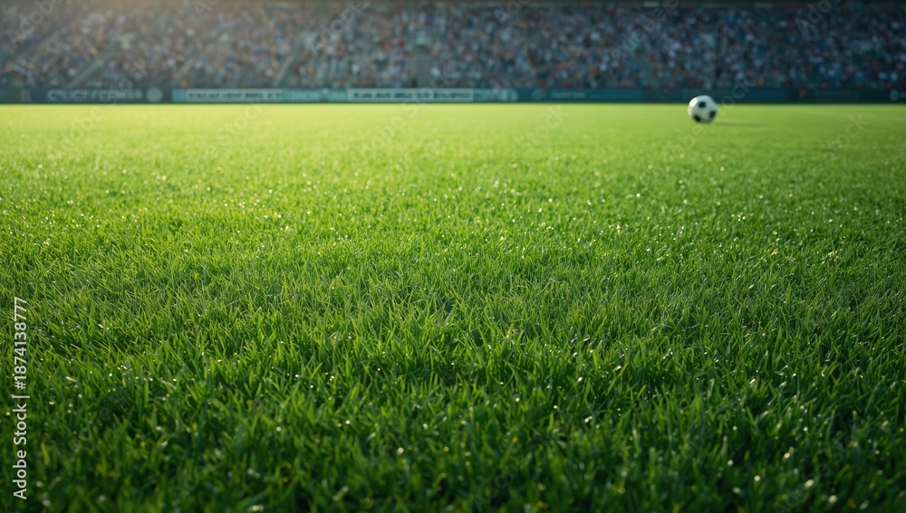 Fototapeta premium Lush green natural grass of a Football soccer field serving as a playing surface, turf health for performance, Earth Day