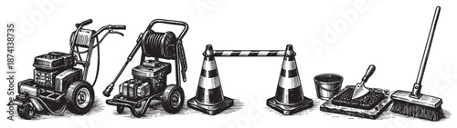 A black and white line art illustration displays a collection of road construction and maintenance tools, including a spray painter, a generator, traffic cones, a shovel, a bucket of gravel, and a bro