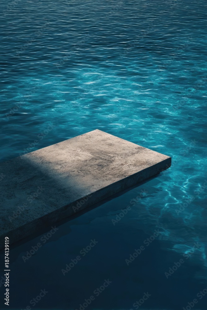 Fototapeta premium A rectangular concrete dock extends into crystal-clear turquoise water. Concept Rectangular concrete dock, Turquoise water, Crystal-clear sea, Coastal minimalist scene, Calm seaside