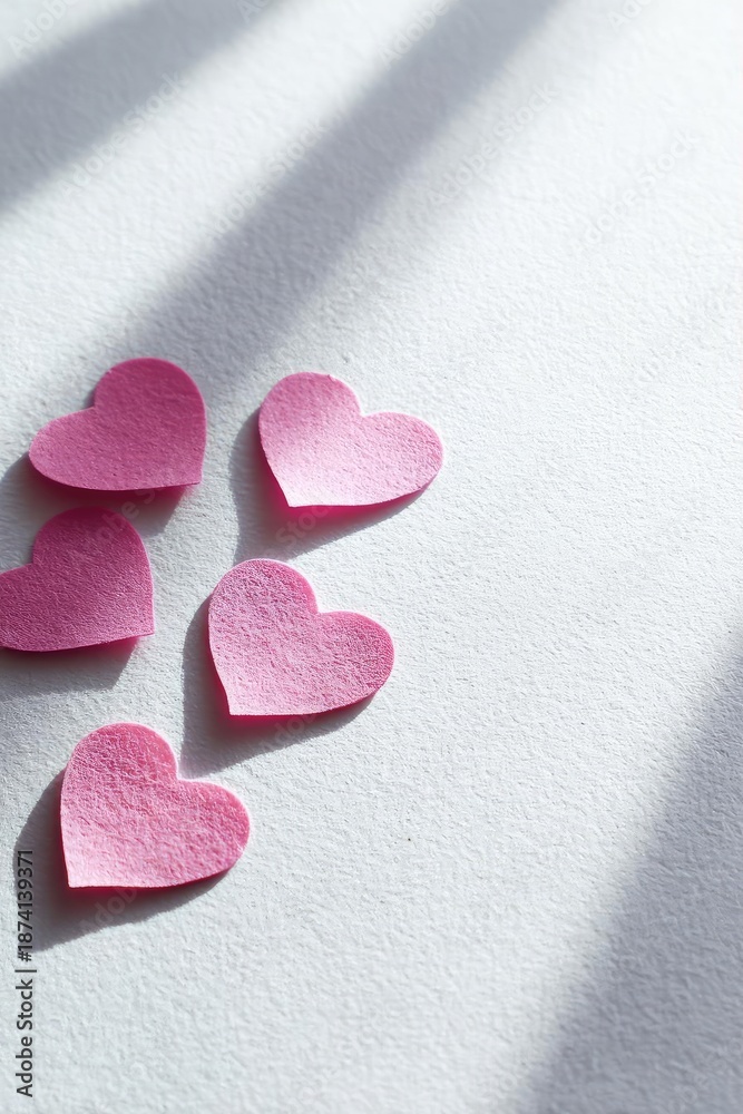 Obraz premium Pink paper hearts arranged diagonally on a white surface. Concept Pink paper hearts, Diagonal arrangement, White surface backdrop, Valentine’s craft decor, Paper art details