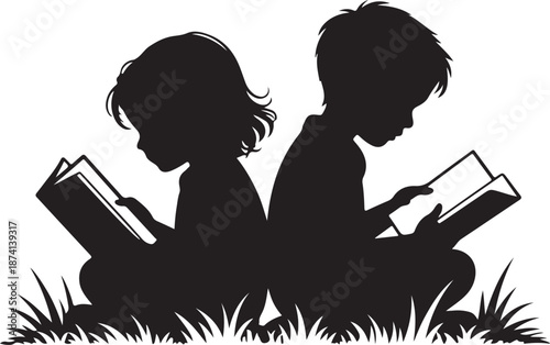 Vector silhouette of siblings sitting in the grass and reading book on white background. Symbol of girl, sister, brother, friends, family, infant, childhood, nature, park, garden.