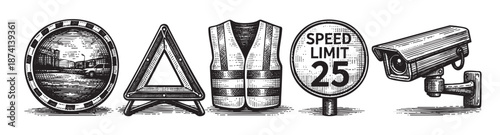 A woodcut style illustration of safety and security icons including a traffic cone, a warning sign, a safety vest, a speed limit sign, and a security camera on a white background.