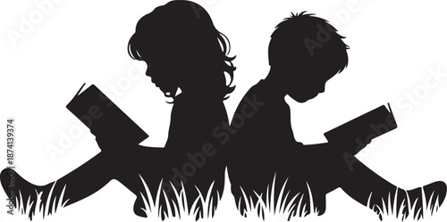 Vector silhouette of siblings sitting in the grass and reading book on white background. Symbol of girl, sister, brother, friends, family, infant, childhood, nature, park, garden.