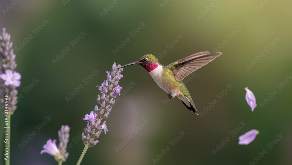Obraz premium Close-up of a male Anna's hummingbird with iridescent feathers resting on a branch, suitable for wildlife identification