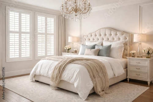 Upscale bedroom design showcasing classic white plantation shutters and plush bedding