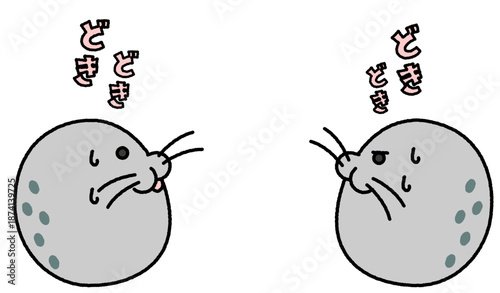 どきどきして見つめ合うアザラシのコミカルなイラスト