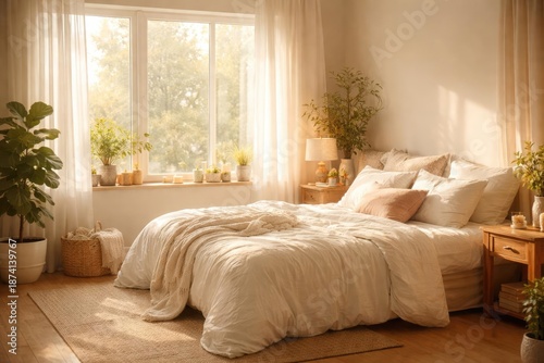 Softly focused luminous bedroom interior glowing with natural light through a wide window