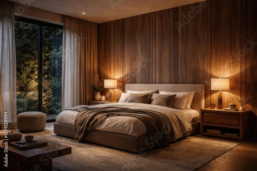 serene bedroom featuring wood wall textures and modern comfort elements