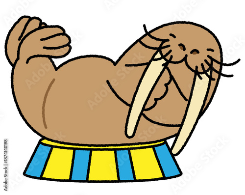 クロワッサンのものまねをするセイウチのコミカルなイラスト