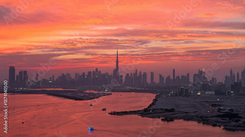 Canvas Print Golden Hour View of Burj Khalifa from Dubai Creek Harbour Waterfront