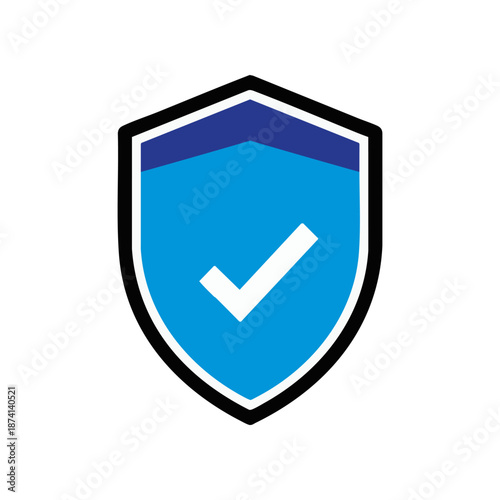 Shield security icon with check mark in flat blue, symbol of protection, trust and verification for fintech, cybersecurity and insurance use, clean vector style isolated on white.