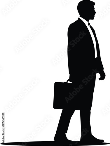 Silhouette of a professional businessman walking forward purposefully while firmly carrying a briefcase in his hand.