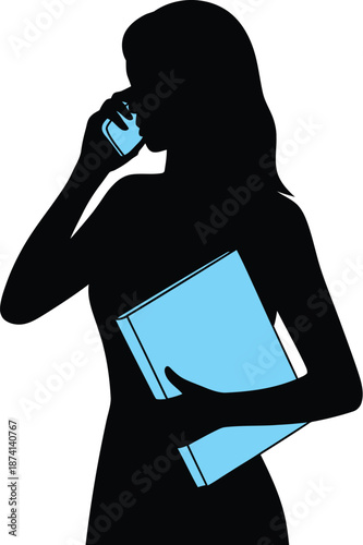 Silhouette of a professional businesswoman holding a blue folder or document case while actively talking on a mobile telephone against a white background.