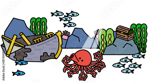 沈没船と海の生き物たちを描いた海中のイラスト背景